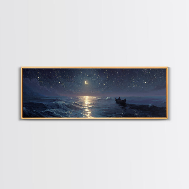 Serene Night Ocean Scene With Boat And Crescent Moon Under Starry Sky Wall Art Modern Coastal Decor Canvas Print