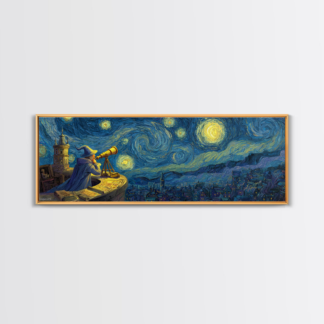 Starry Night Sky Over Town With Wizard And Telescope Classic Van Gogh Style Wall Art Framed Canvas Print