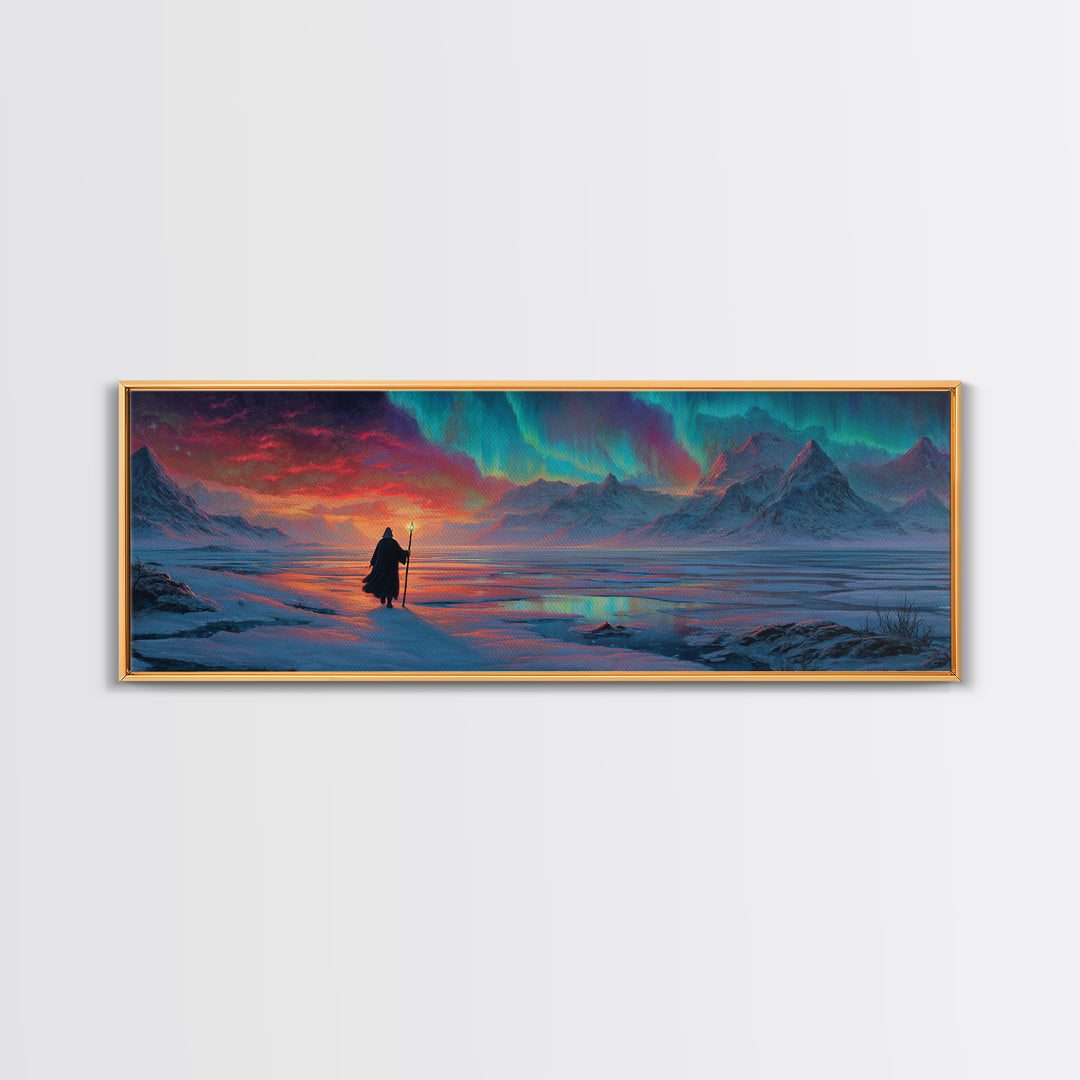 Wanderer Under Northern Lights Canvas Print, Aurora Borealis Wall Art, Arctic Mountain Landscape, Celestial Fantasy Decor