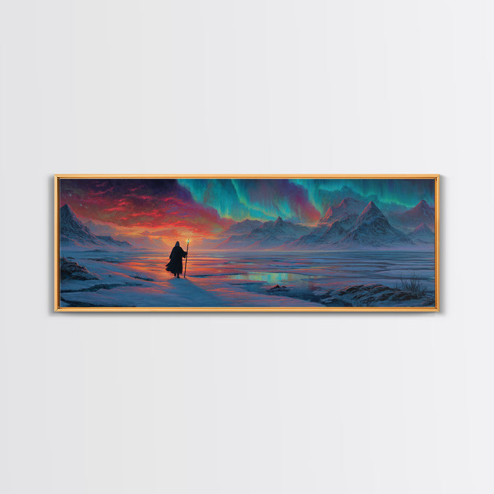 Wanderer Under Northern Lights Canvas Print, Aurora Borealis Wall Art, Arctic Mountain Landscape, Celestial Fantasy Decor