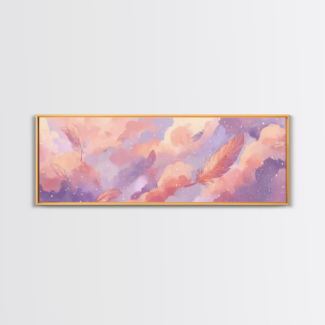 Pastel Dream Clouds And Floating Feathers Canvas Print, Whimsical Wall Art, Celestial Nursery Decor, Soft Pink Bedroom Art