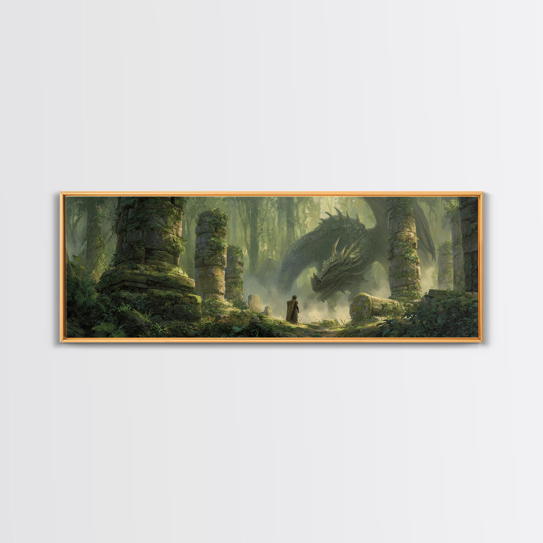 Ancient Forest With Massive Dragon Resting Amidst Ruins - Fantasy Wall Art Framed Canvas Print For Magical And Whimsical Decor