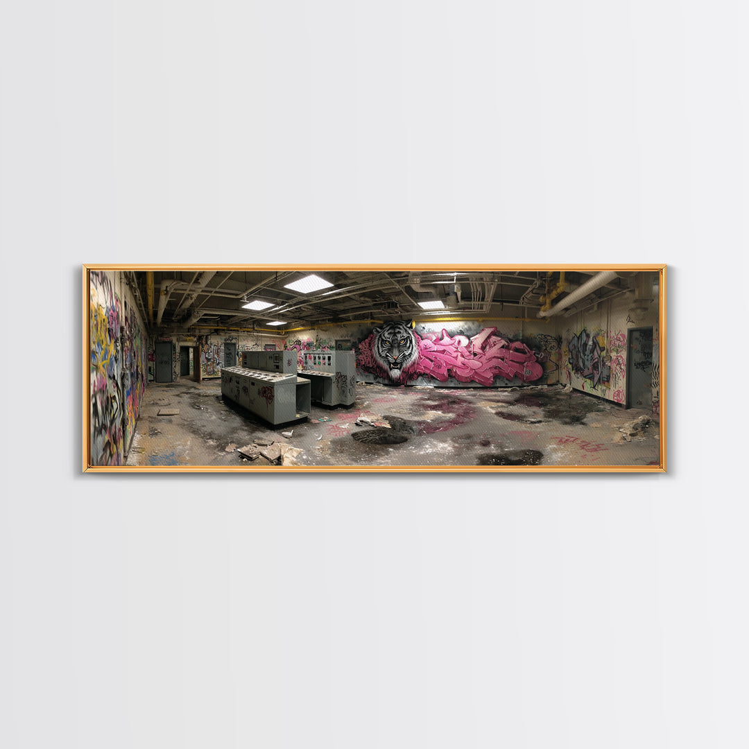 Abandoned Graffiti Room Urban Wall Art Framed Canvas Print With Decayed Interior And Graffiti Street Art Home Decor