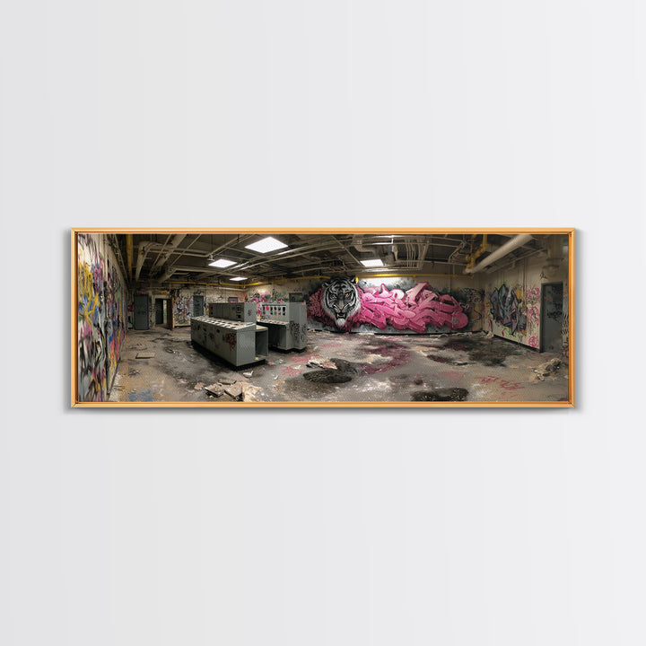 Abandoned Graffiti Room Urban Wall Art Framed Canvas Print With Decayed Interior And Graffiti Street Art Home Decor
