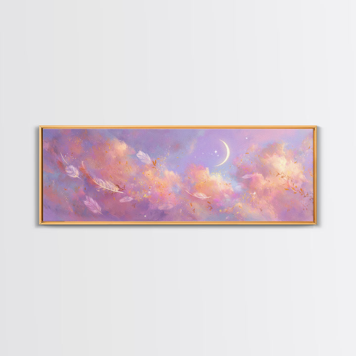 Crescent Moon Feathers In Lavender Sky Wall Art, Celestial Canvas Print, Whimsical Decor, Calming Bedroom Art, Gift For Her