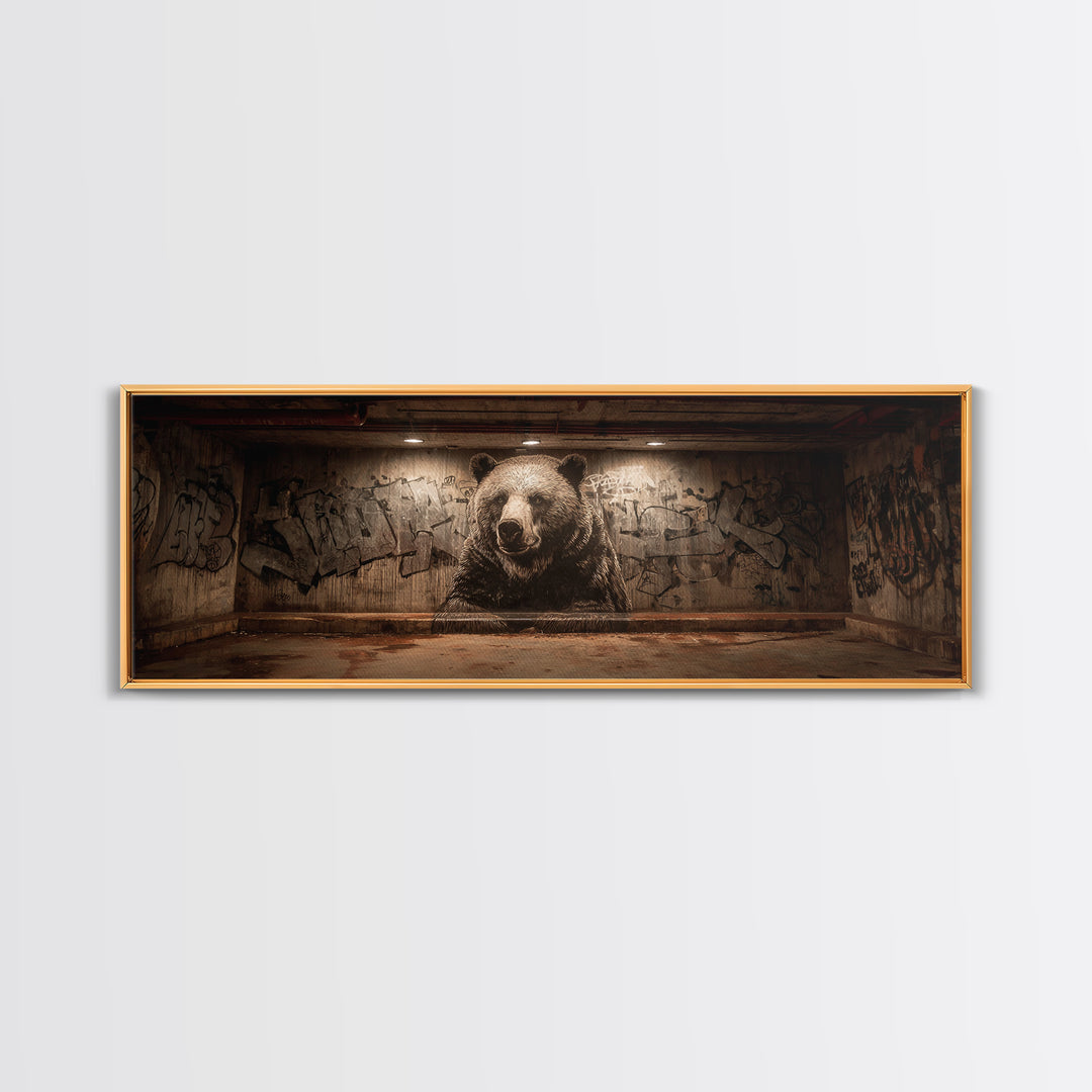 Large Bear Mural On Urban Graffiti Wall In Dimly Lit Space Framed Canvas Print For Statement Wall Art
