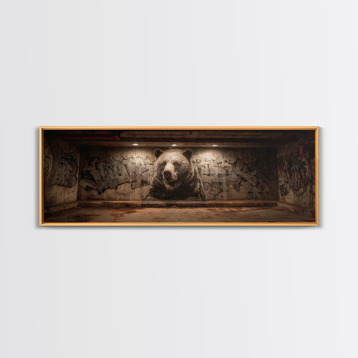 Large Bear Mural On Urban Graffiti Wall In Dimly Lit Space Framed Canvas Print For Statement Wall Art