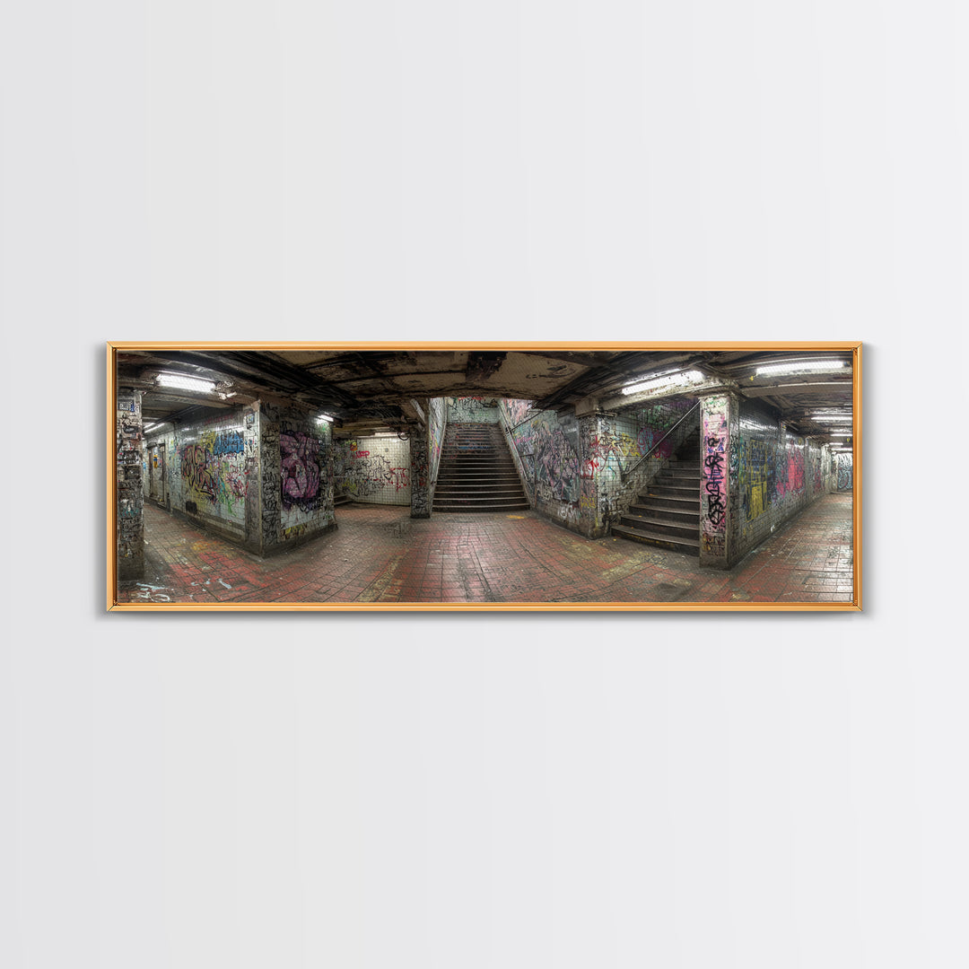 Grungy Spacious Subway Staircase Graffiti Urban Loft Wall Art - Framed Canvas Print, Modern Wall Art, Urban Decor, Trending Wall Art Gift