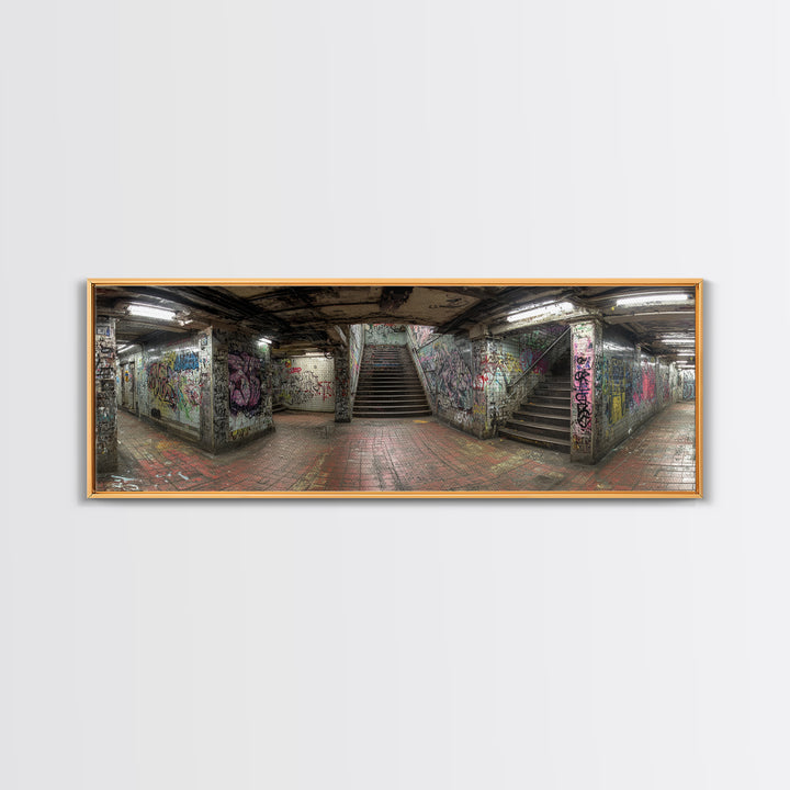 Grungy Spacious Subway Staircase Graffiti Urban Loft Wall Art - Framed Canvas Print, Modern Wall Art, Urban Decor, Trending Wall Art Gift