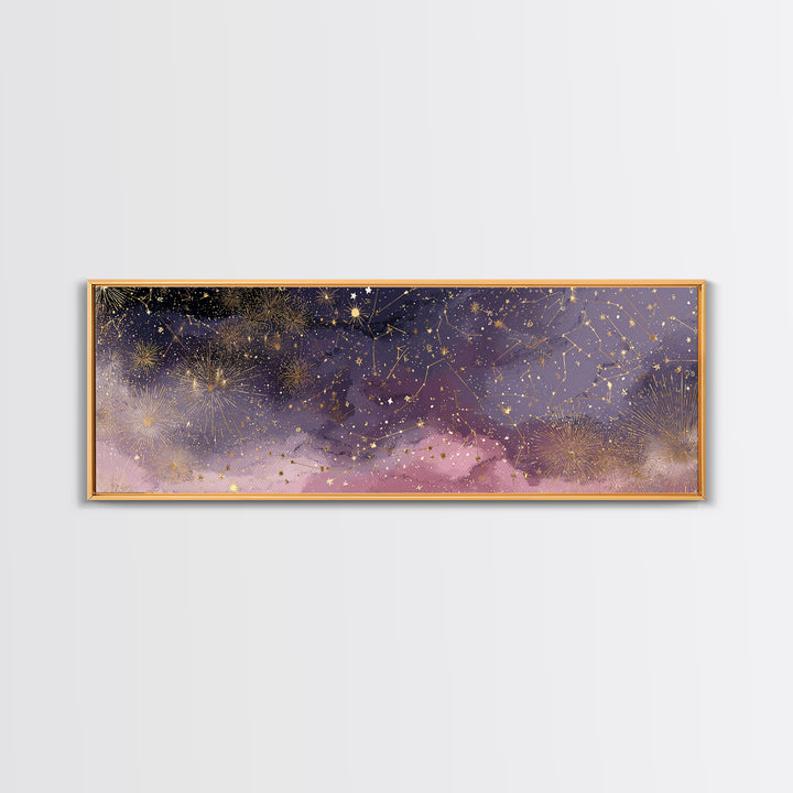 Golden Stars And Constellations In Moody Night Sky Wall Art, Celestial Canvas Print, Dark Academia Decor, Mystical Bedroom Art