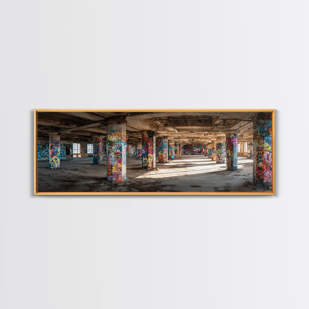 Rustic Urban Abandoned Building Interior With Graffiti Artwork Wall Art Canvas Print Large Industrial Style Decor For Funky Apartment Or Loft Wall