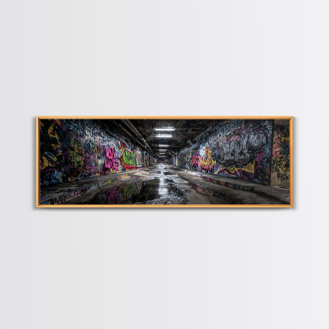 Graffiti Covered Underground Tunnel Wall Art, Urban Street Art Print, Modern Industrial Decor, Colorful Cityscape Canvas