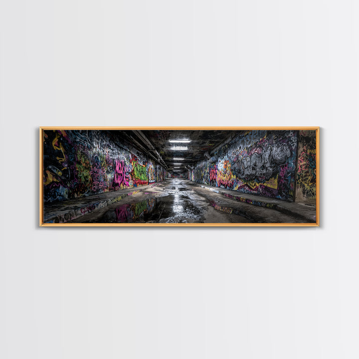 Graffiti Covered Underground Tunnel Wall Art, Urban Street Art Print, Modern Industrial Decor, Colorful Cityscape Canvas