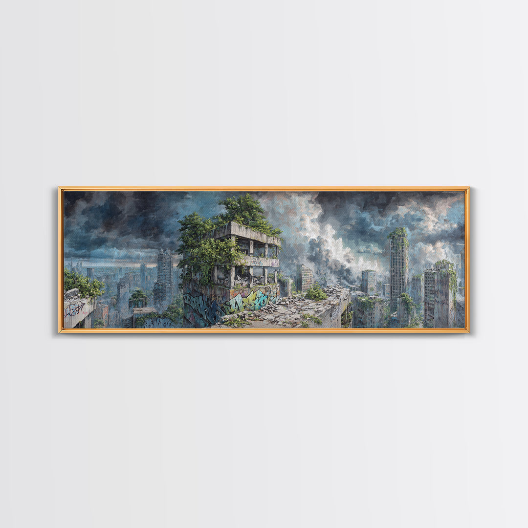 Overgrown Ruined City Under Storm Clouds Canvas Print, Post Apocalyptic Wall Art, Futuristic Urban Landscape, Sci Fi Decor