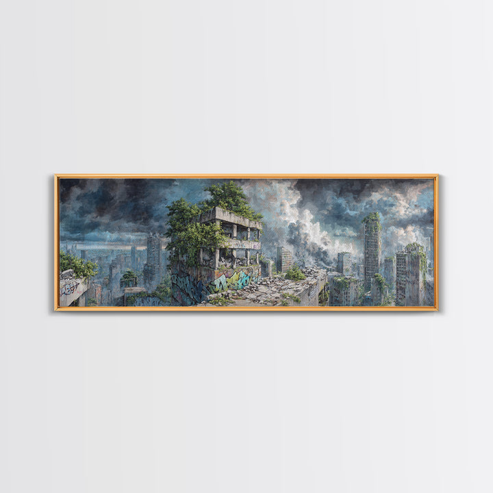 Overgrown Ruined City Under Storm Clouds Canvas Print, Post Apocalyptic Wall Art, Futuristic Urban Landscape, Sci Fi Decor