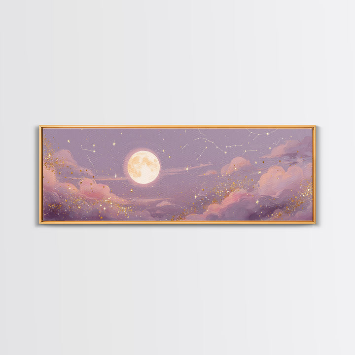 Full Moon Over Pink Clouds And Starry Sky Canvas Print, Celestial Wall Art, Moon Phase Decor, Dreamy Nursery Room Wall Decor