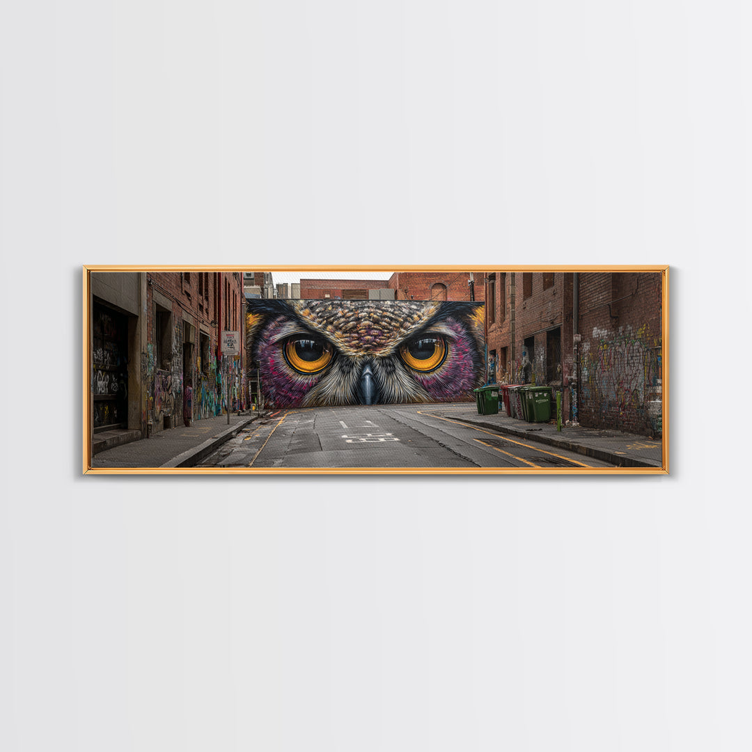 Hyperrealistic Street Mural of Intense Owl Eyes Graffiti Urban Wall Art Framed Canvas Print Bold Contemporary Art for Living Room Decor