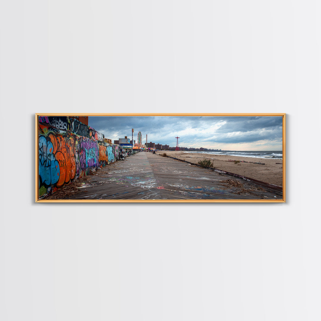 Urban Graffiti Beach Boardwalk Vibrant Street Art Wall Art Coastal Living Room Decor Ocean Scene Canvas Print