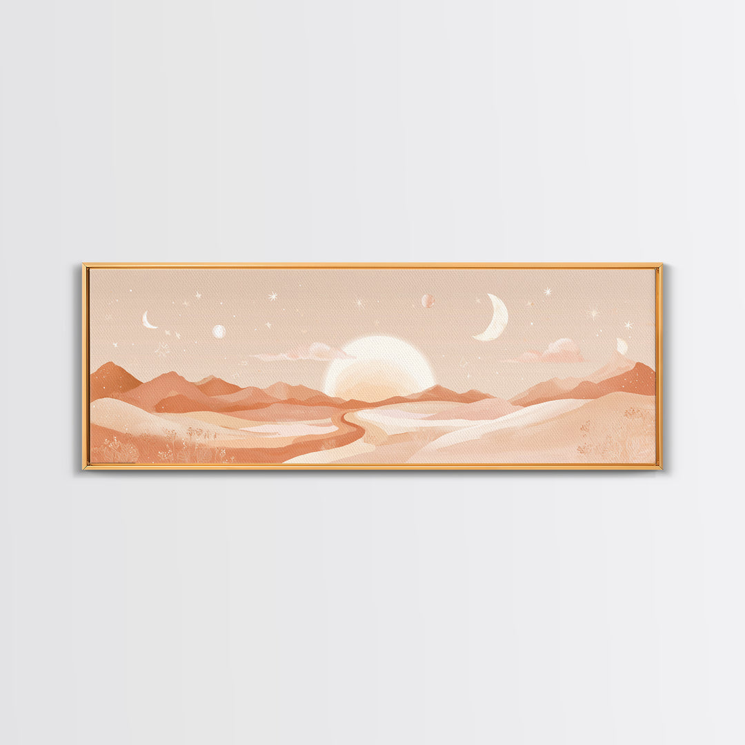 Desert Sunrise With Moon Phases And Terracotta Hills Wall Art, Boho Canvas Print, Southwestern Earth Tone Decor, Nursery Wall Art