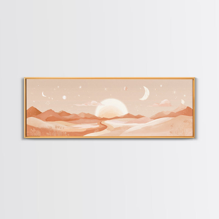 Desert Sunrise With Moon Phases And Terracotta Hills Wall Art, Boho Canvas Print, Southwestern Earth Tone Decor, Nursery Wall Art