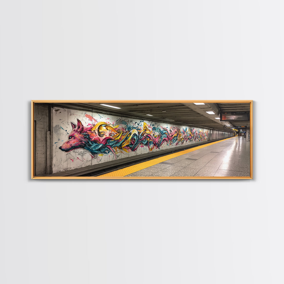 Vibrant Graffiti Mural Of Stylized Fox In Subway Station Long Abstract Street Art Wall Art Canvas Print