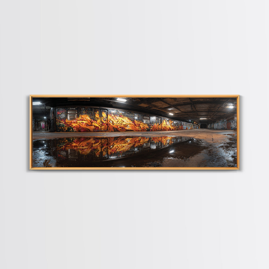 Mysterious Urban Graffiti Subway Station With Reflections Moody Street Art Large Canvas Print Framed Wall Art For Contemporary Decor