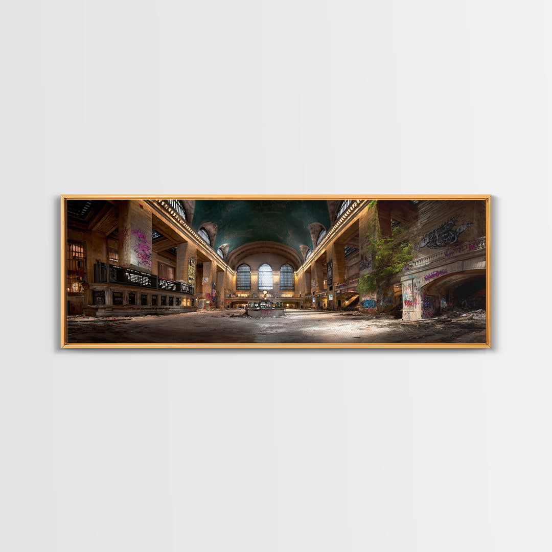 Abandoned Urban Train Station With Graffiti, Nature Reclaiming Space, Moody Decay Landscape Wall Art Canvas Print For Home Decor