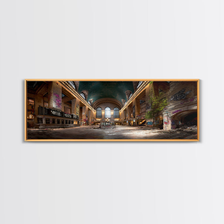 Abandoned Urban Train Station With Graffiti, Nature Reclaiming Space, Moody Decay Landscape Wall Art Canvas Print For Home Decor