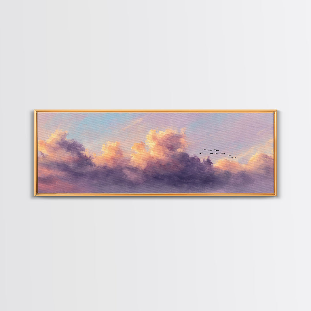 Lavender Sunset Clouds With Flying Birds Wall Art, Pastel Landscape Canvas Print, Calming Bedroom Decor, Living Room Art