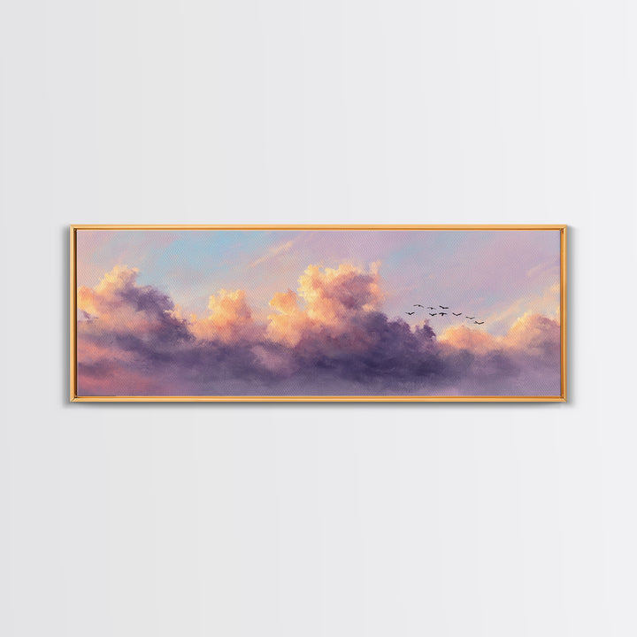 Lavender Sunset Clouds With Flying Birds Wall Art, Pastel Landscape Canvas Print, Calming Bedroom Decor, Living Room Art