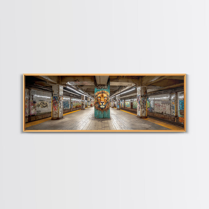 Urban Graffiti Style Subway Station With Bold Lion Mural Vibrant Wall Art Framed Canvas Print