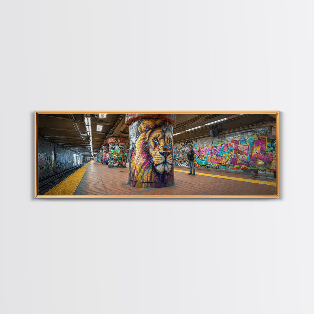 Urban Graffiti Lion Mural Subway Station Wall Art Canvas Print Vibrant Street Art Modern Wall Decor