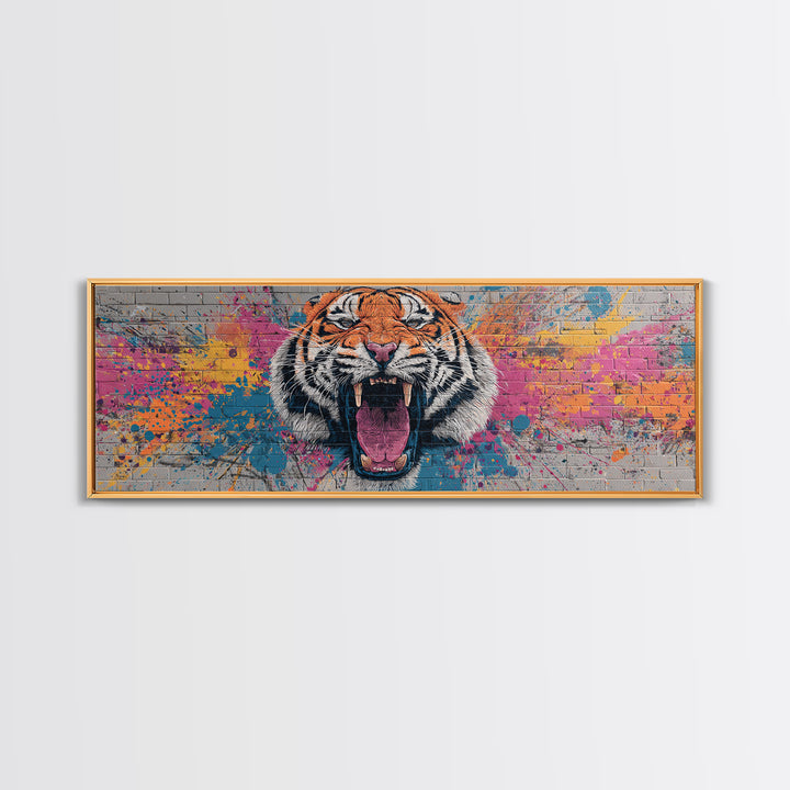 Vibrant Roaring Tiger Graffiti Mural Street Art Wall Painting Framed Canvas Print Urban Home Decor And Bold Living Room Wall Art