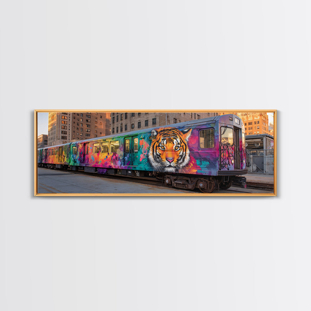 Graffiti Urban Art With Bright Tiger Mural On City Train Vibrant Street Culture Modern Wall Art Canvas Print