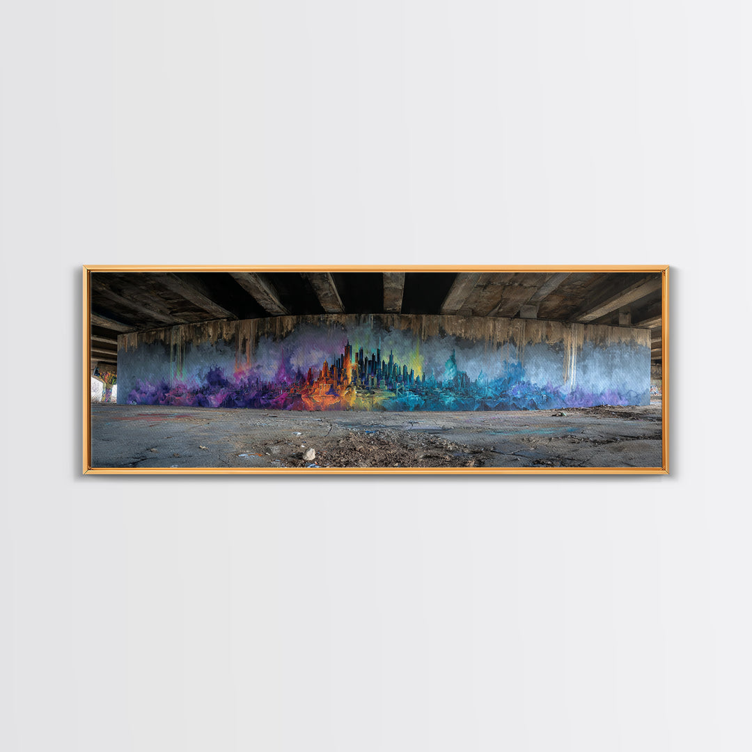 Vibrant Abstract Cityscape Street Art Featuring Colorful Skyline in Purple Blue and Orange Hues Wall Art