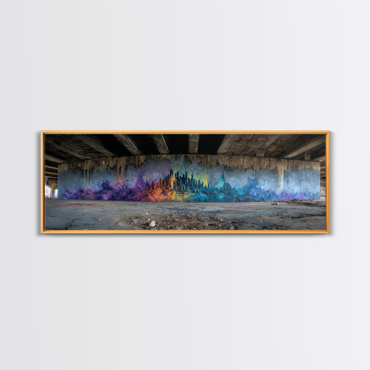 Vibrant Abstract Cityscape Street Art Featuring Colorful Skyline in Purple Blue and Orange Hues Wall Art