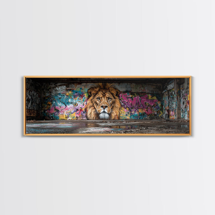 Vibrant Urban Graffiti Lion Mural Canvas Print Capturing Street Art Vibes With Striking Realism And Colorful Background Perfect Large Wall Art Decor