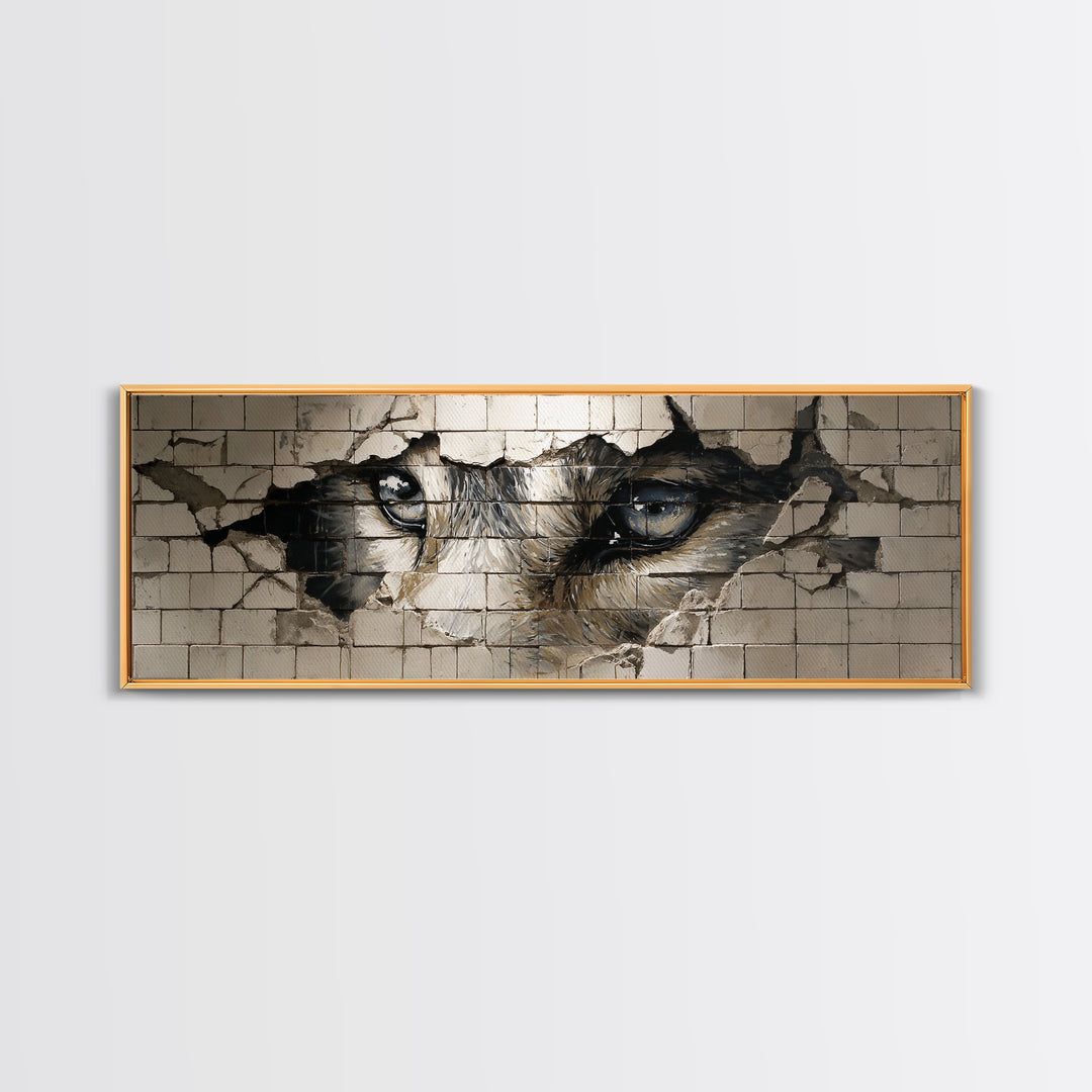 Intriguing Street Art Of Wolf Eyes Peering Through Broken Wall Painted On White Tiles Urban Wall Art Print