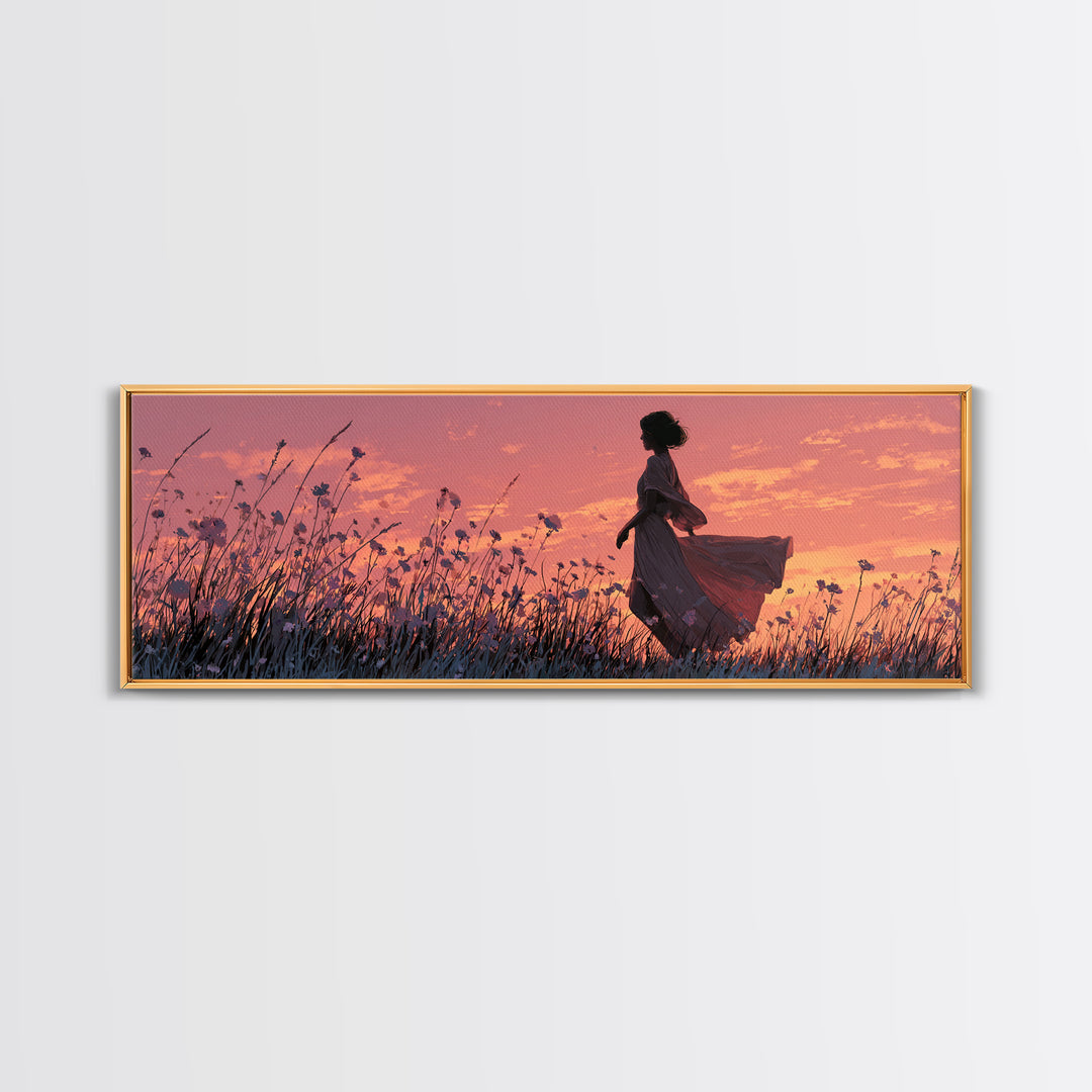 Woman Silhouette In Sunset Wildflower Meadow Canvas Print, Romantic Landscape Wall Art, Boho Bedroom Decor, Gift For Her