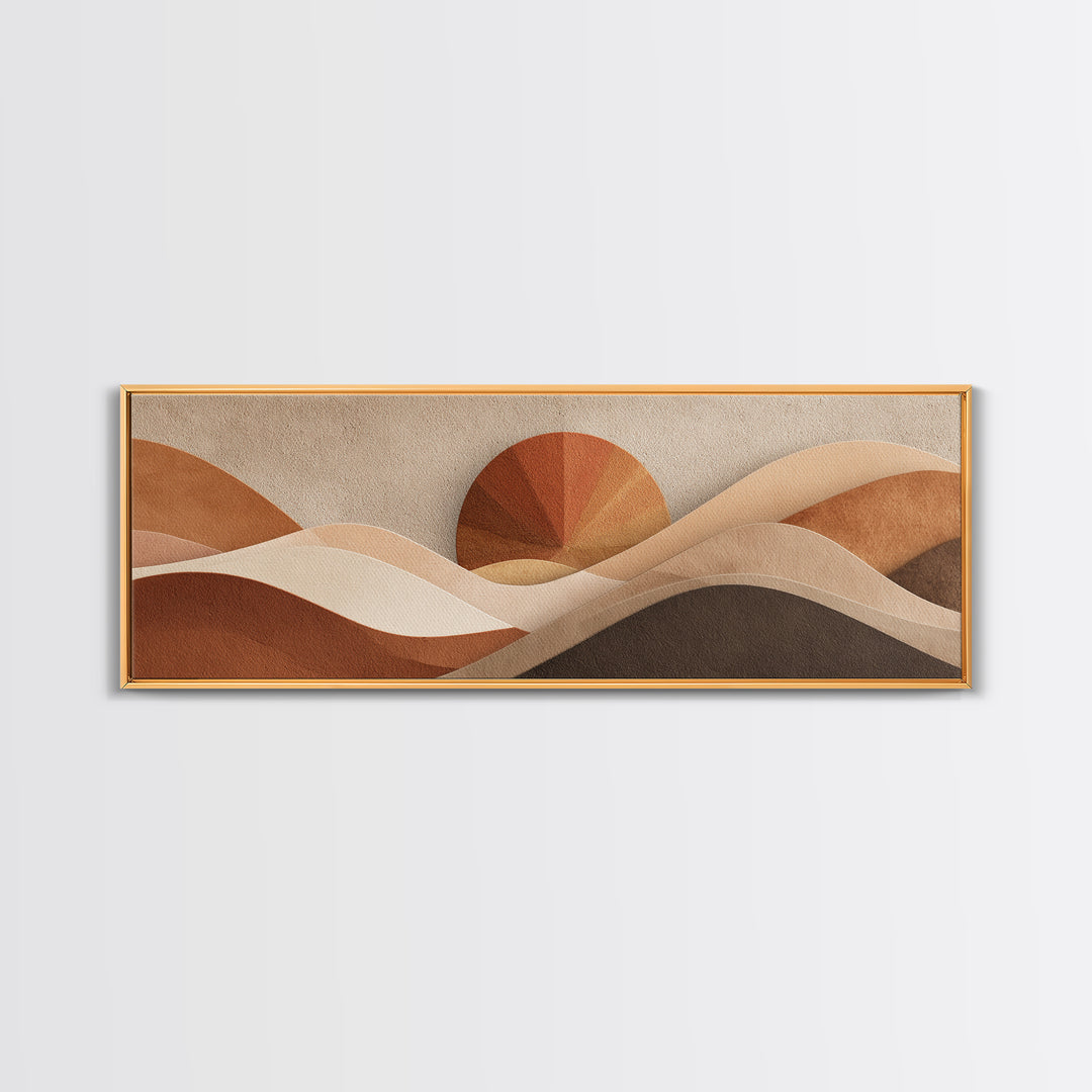 Abstract Desert Dunes And Sun Wall Art, Earth Tone Neutral Landscape, Mid Century Modern Decor, Large Horizontal Canvas Print