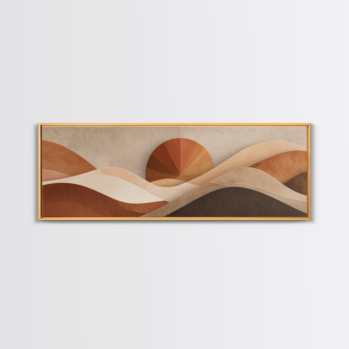 Abstract Desert Dunes And Sun Wall Art, Earth Tone Neutral Landscape, Mid Century Modern Decor, Large Horizontal Canvas Print