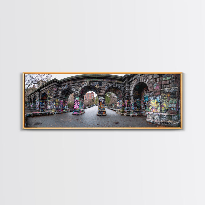 Gothic Urban Stone Archway Decorated With Graffiti In City Park Wall Art Framed Canvas Print