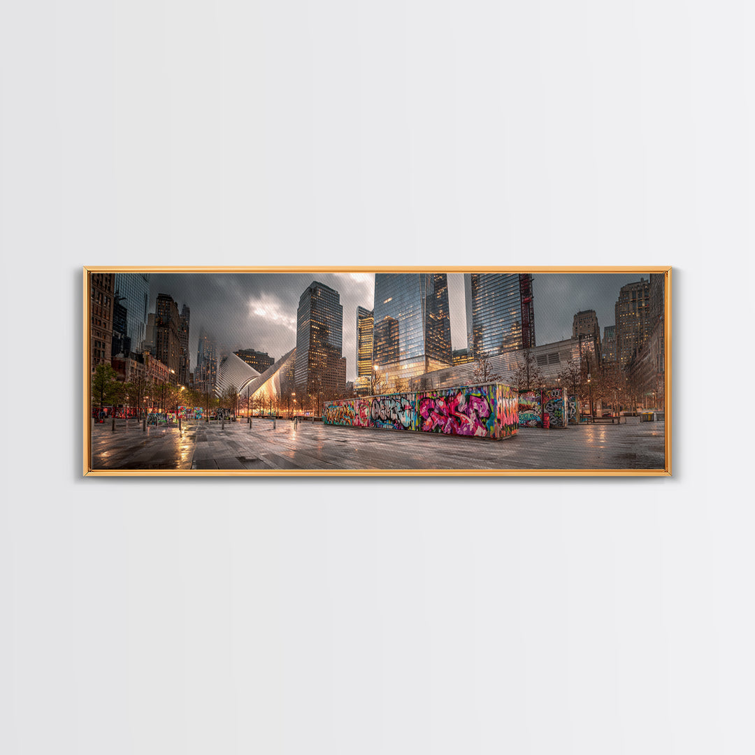 Vibrant Urban Landscape With Graffiti Walls And Reflective Wet Pavement - Modern Wall Art Canvas Print For Loft And City Apartment Decor