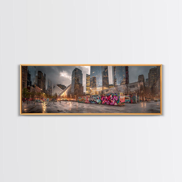 Vibrant Urban Landscape With Graffiti Walls And Reflective Wet Pavement - Modern Wall Art Canvas Print For Loft And City Apartment Decor