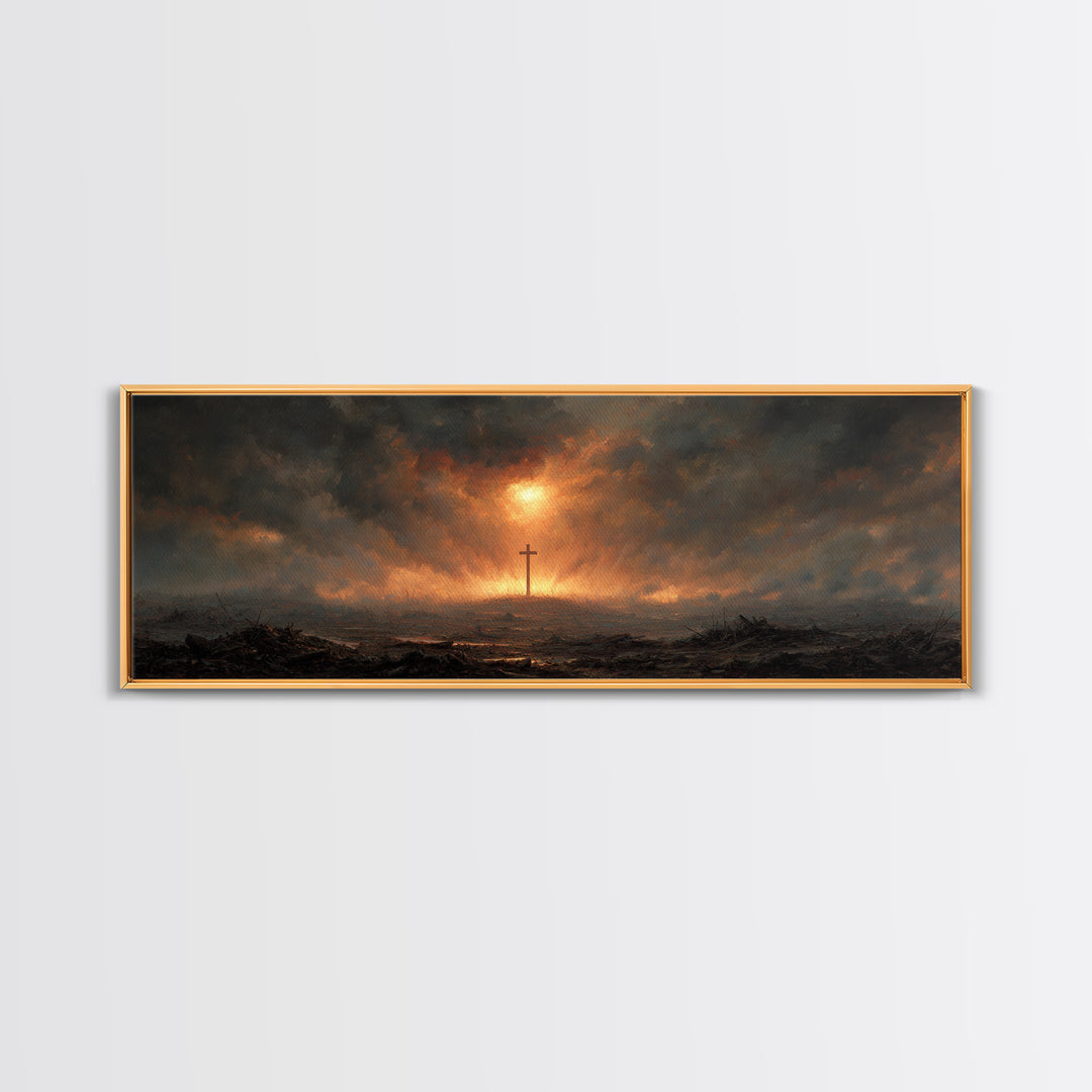 Dramatic Religious Cross Scene In Fiery Sunset Sky Oil Painting Canvas Print For Moody Wall Art And Christian Home Decor