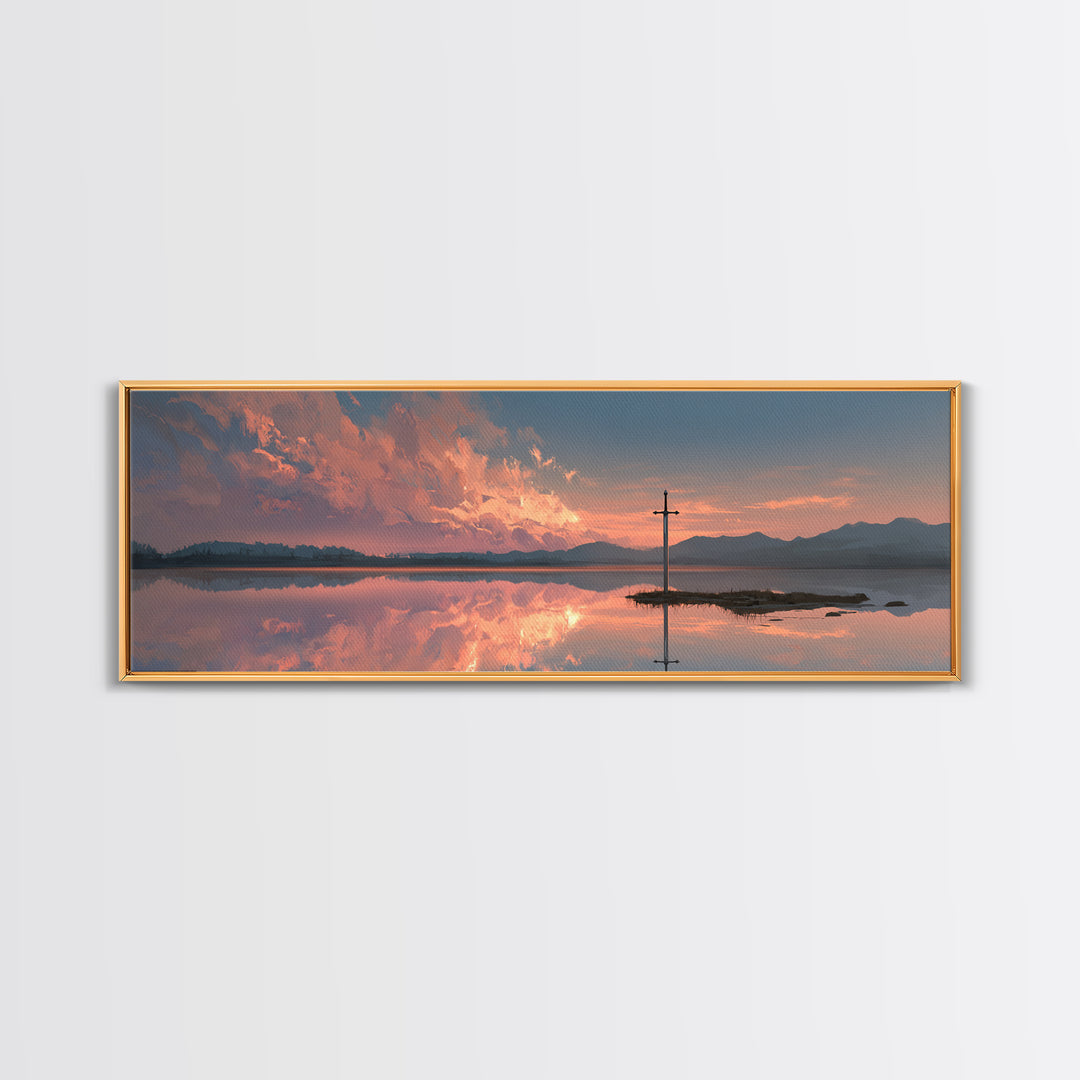 Peaceful Sword In Lake At Sunset Landscape Painting Wall Art Framed Canvas Print Tranquil Nature Scene For Bedroom Or Living Room Neutral Decor