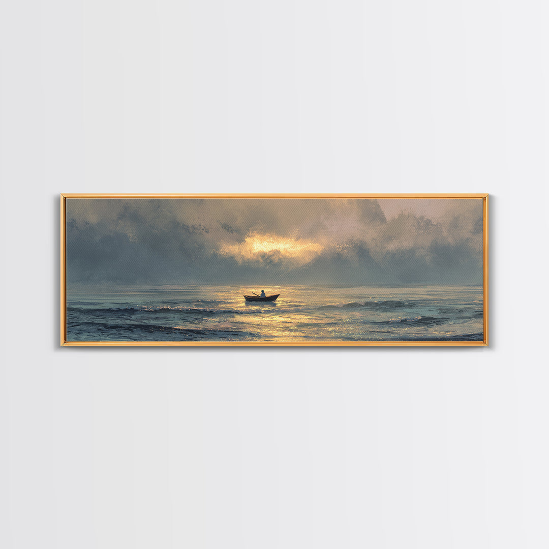Contemplative Boat At Sea Sunrise Tranquil Ocean Scene Watercolor Style Wall Art Canvas Print Beach Decor