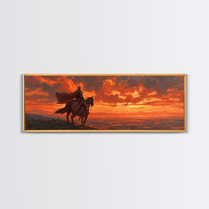 Knight In Armor On Horseback At Dusk Dramatic Sunset Canvas Print With Fiery Sky And Epic Medieval Scene Wall Art For Living Room Decor