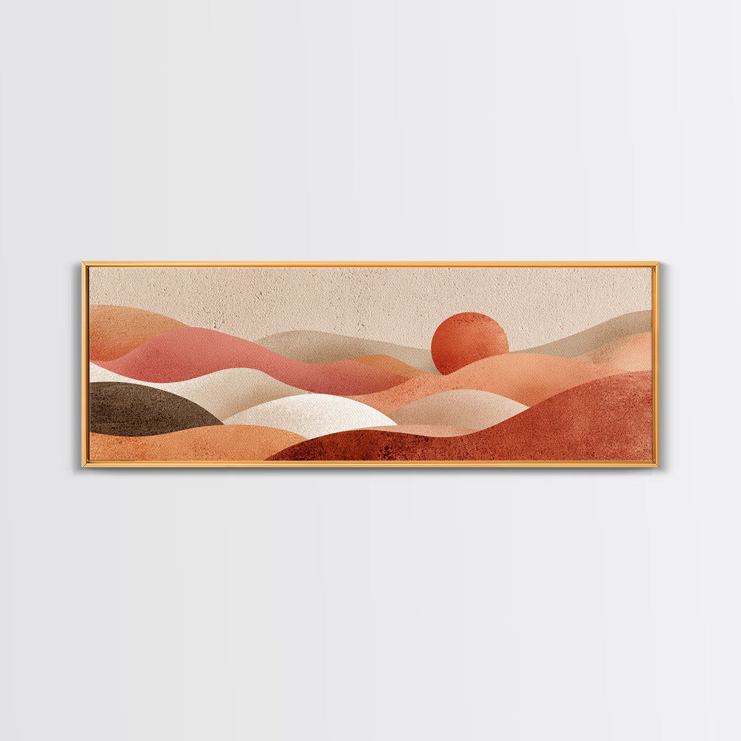 Soft Rolling Hills And Red Sun Wall Art, Abstract Landscape Canvas Print, Earth Tone Decor, Large Horizontal Living Room Art