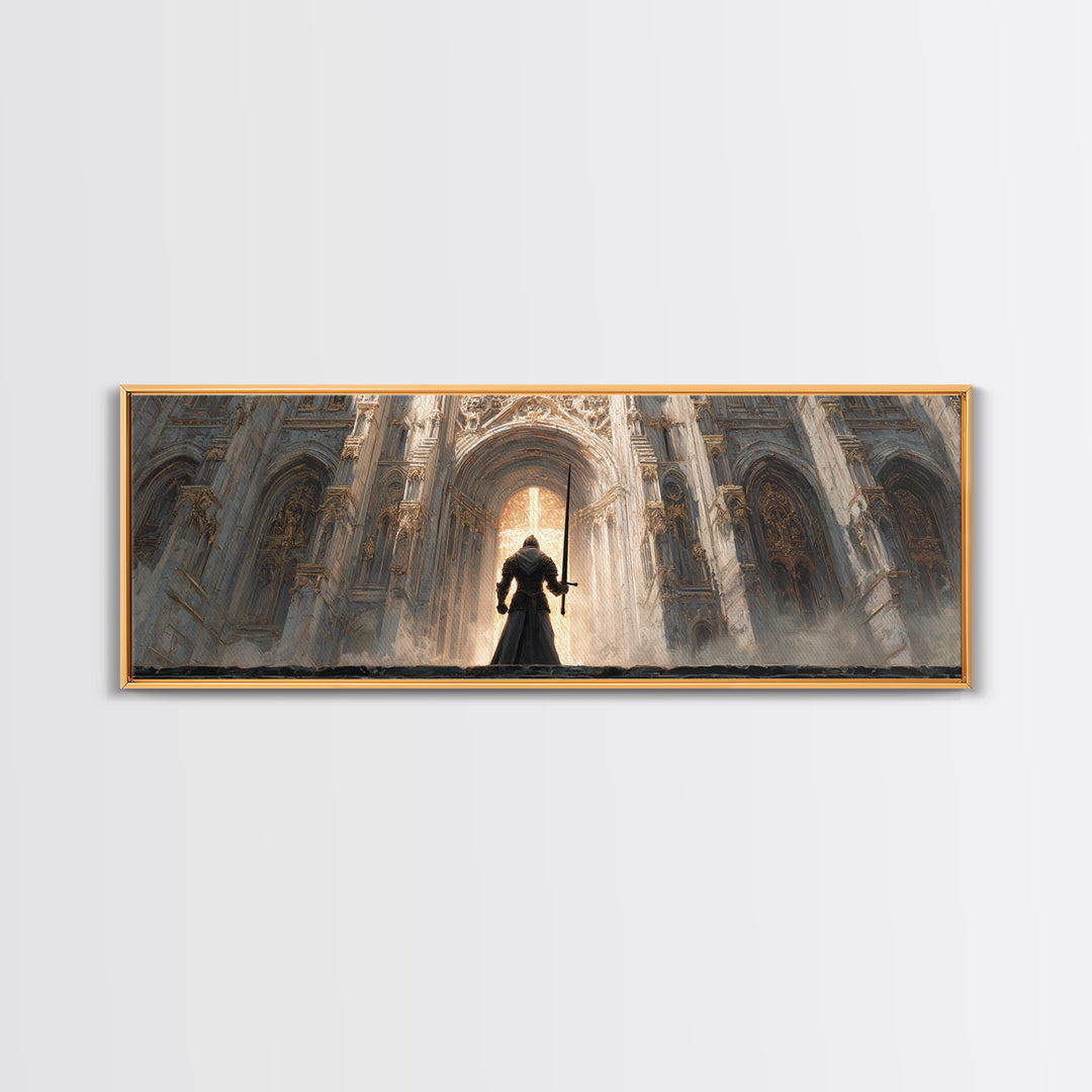 Epic Knight Standing Before Illuminated Cathedral Entrance Wall Art Framed Canvas Print For Dramatic Home Decor Gift